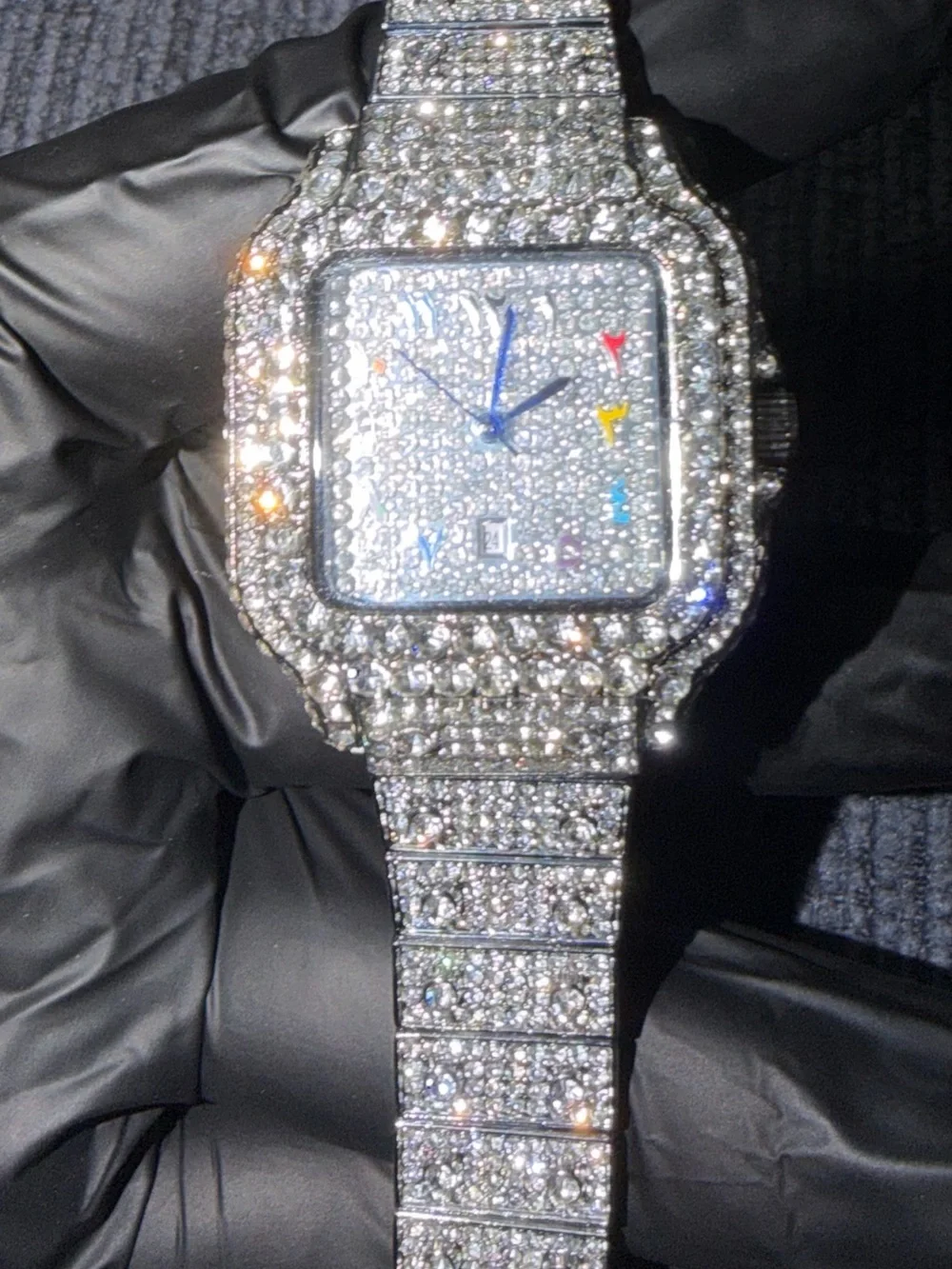 Men's Crystal-Paved Silver Tone Bracelet Watch with Multicolor Dial Accents